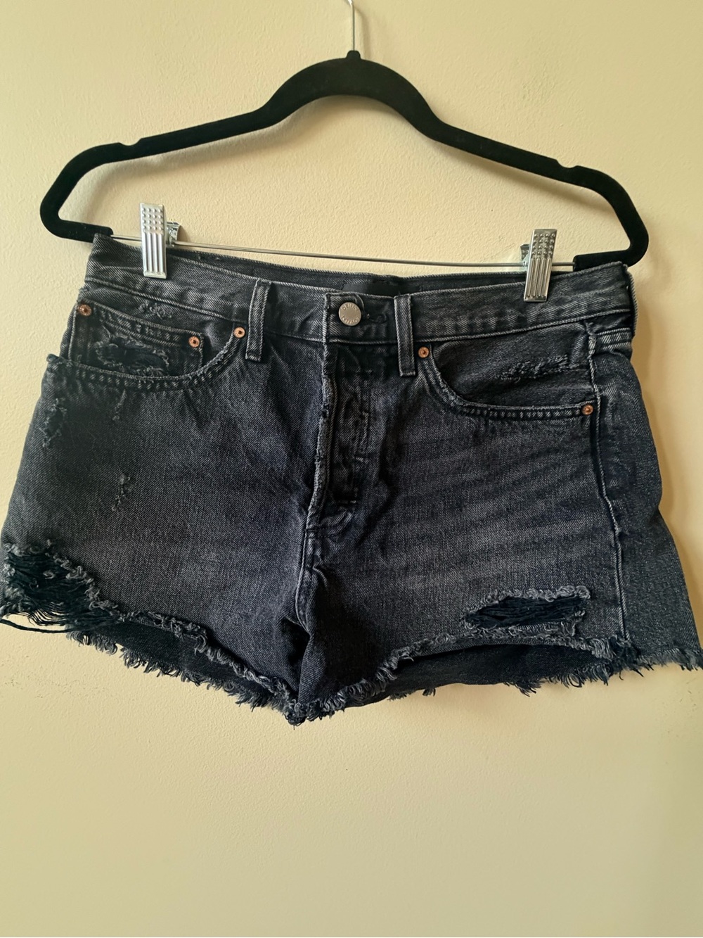 Denim Forum Black Distressed Frayed Hem Jean Shorts